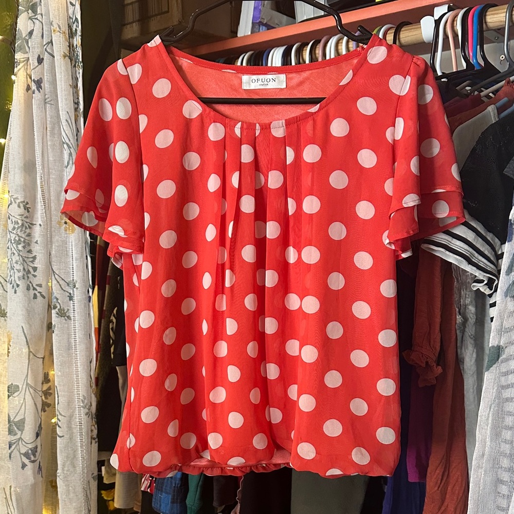 Red Polka Dot Flutter-Sleeve Blouse